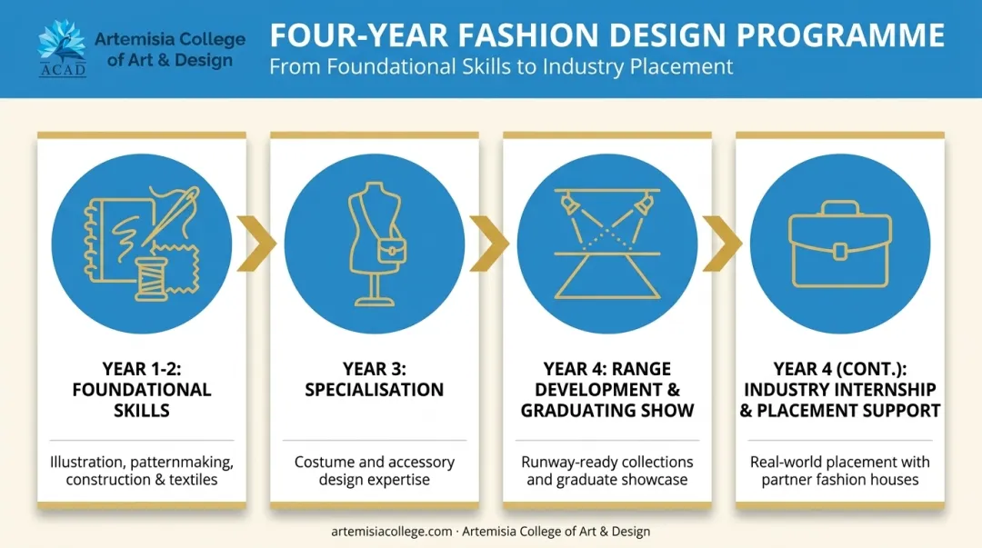 Four-year fashion design programme structure from foundation to industry placement
