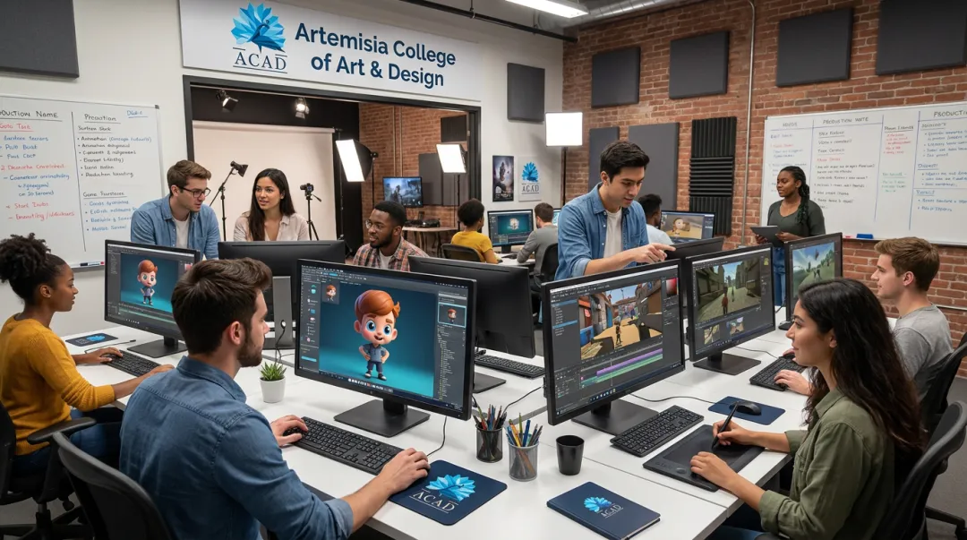 Artemisia College students animating in ACAD Studios production facility