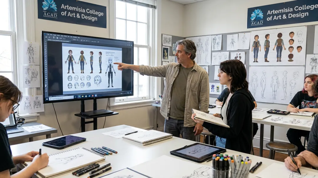 Artemisia College mentors guiding students through character design portfolio review