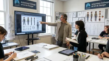 Artemisia College mentors guiding students through character design portfolio review
