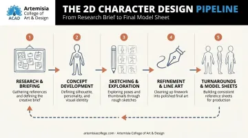 5-step 2D character design process from research to model sheets