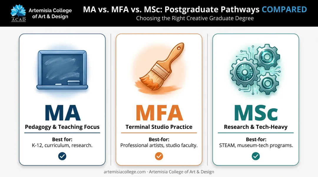 MA versus MFA versus MSc comparison chart for art education degrees