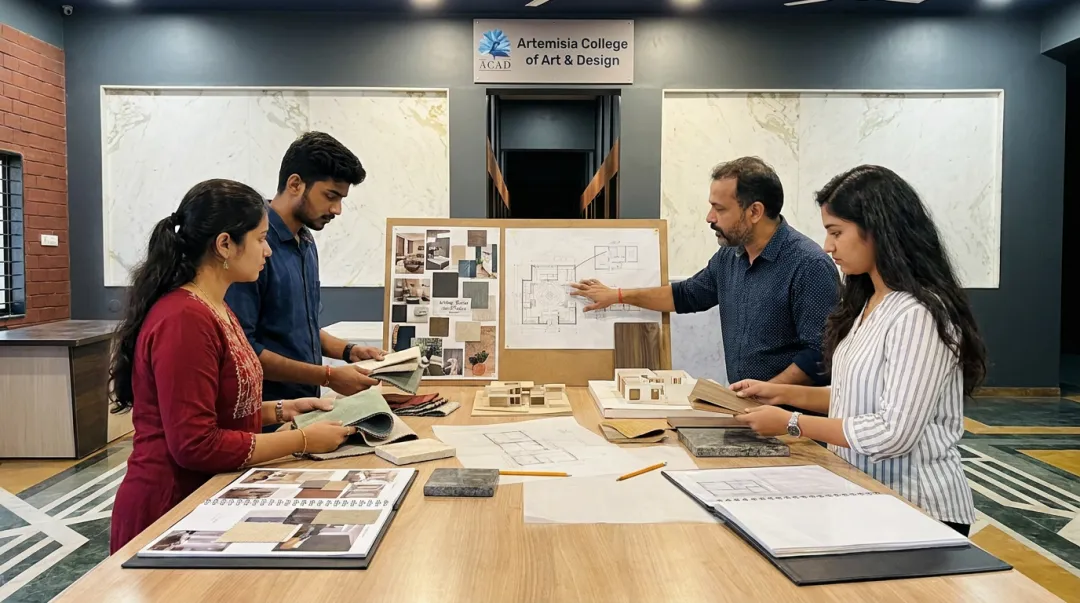 Interior design students collaborating in studio during portfolio mentorship session