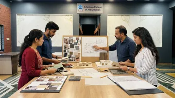 Interior design students collaborating in studio during portfolio mentorship session