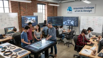 Artemisia College game design students collaborating in mentorship studio setting