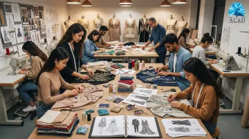 Fashion design students collaborating on embellishment and garment construction projects