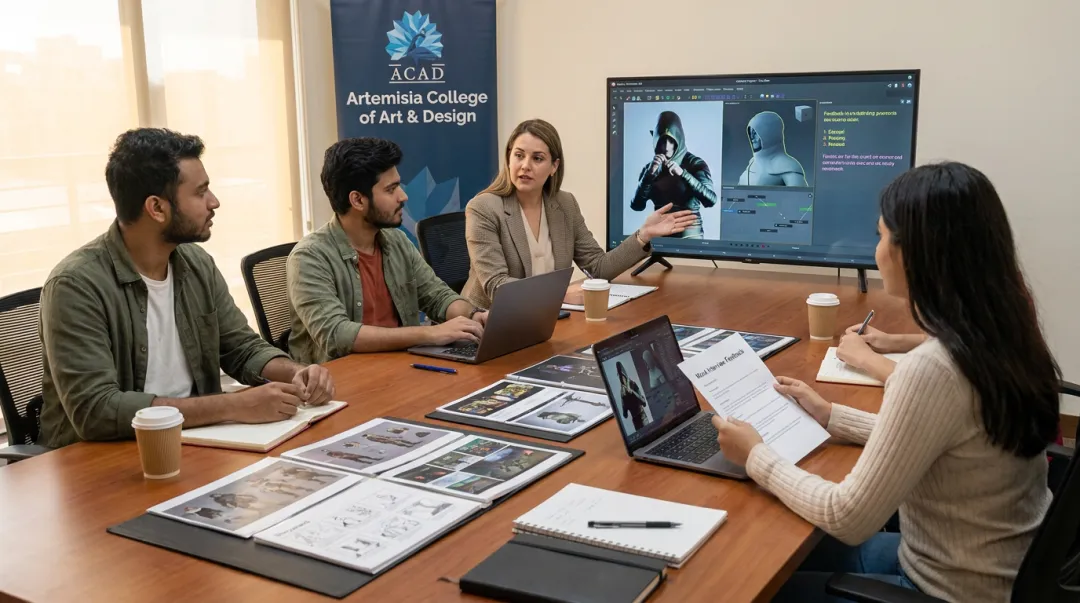 Game design students receiving mock interview coaching at college placement cell