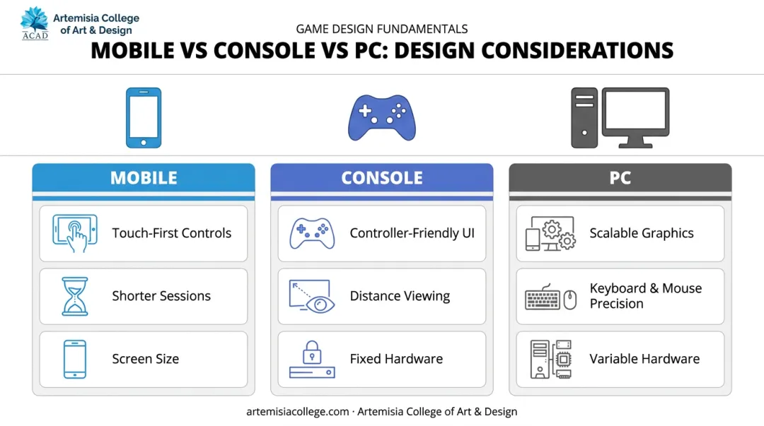 Mobile console and PC game design considerations comparison infographic