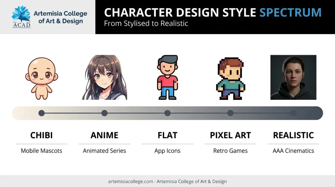 Five character design styles spectrum from stylised to realistic