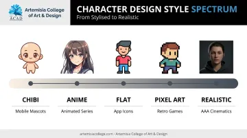 Five character design styles spectrum from stylised to realistic