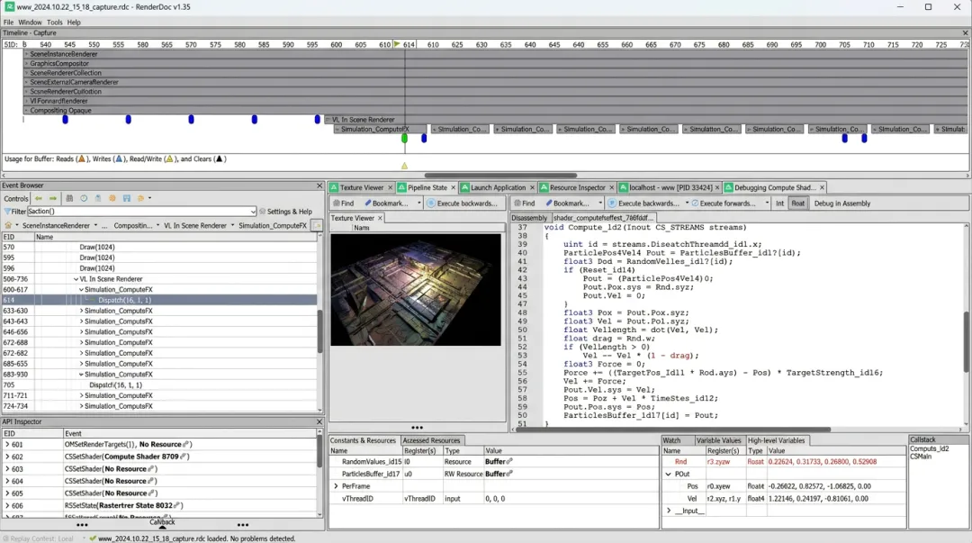 RenderDoc GPU debugging tool interface for frame capture inspection