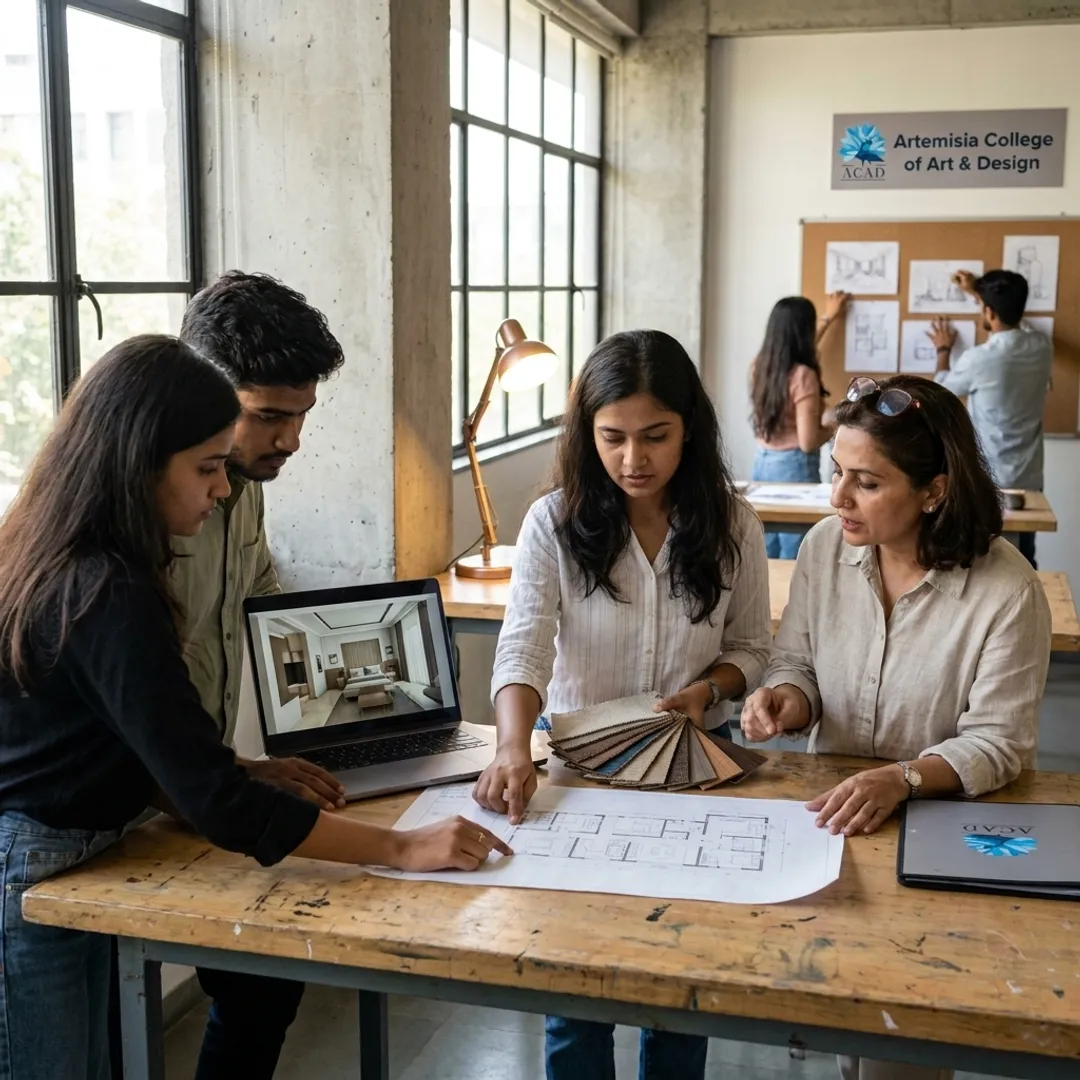 Interior design students reviewing plans and material samples