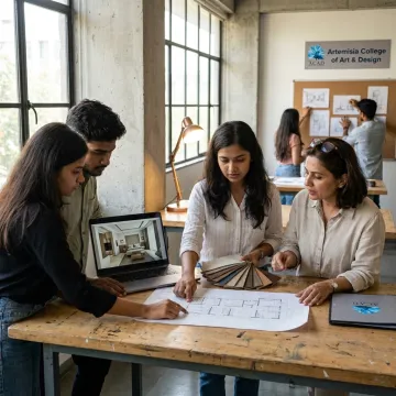 Interior design students reviewing plans and material samples