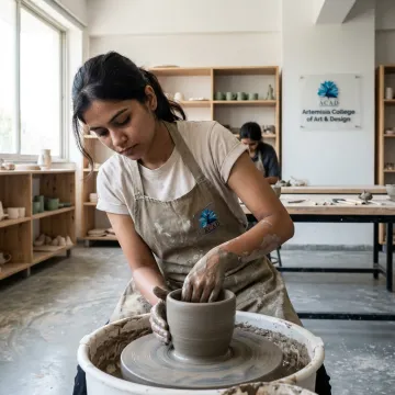 Student shaping a ceramic vessel in an art studio