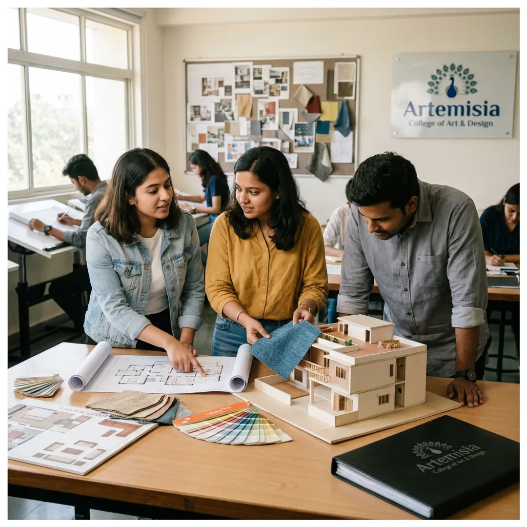 Interior design students reviewing a studio model