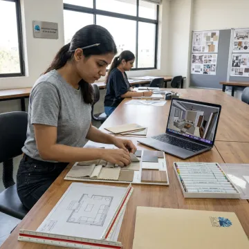 Student creating an interior design presentation