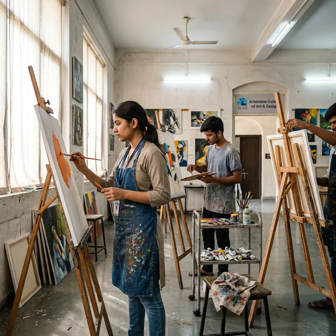 Fine arts students working in a painting studio