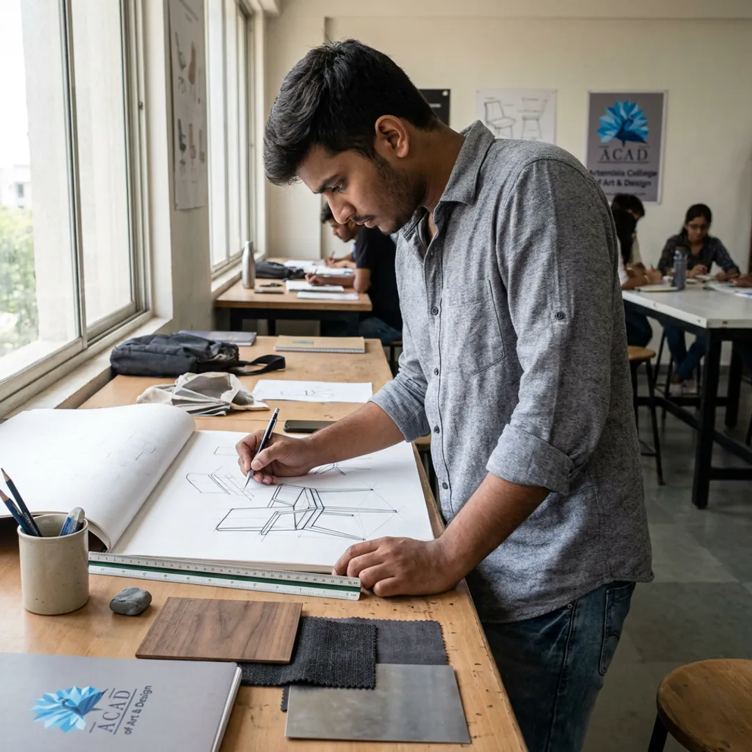 Student sketching a furniture concept at a design desk