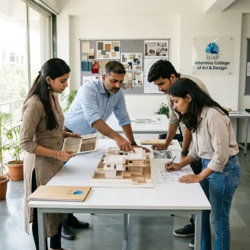 Interior design students reviewing a studio model