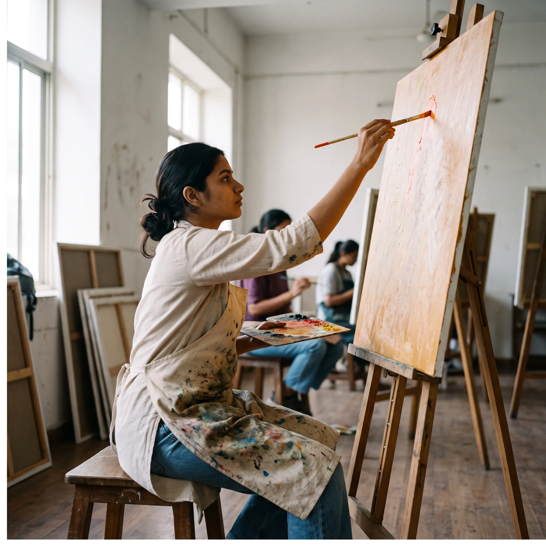 Fine arts student working on a large painting in a college studio
