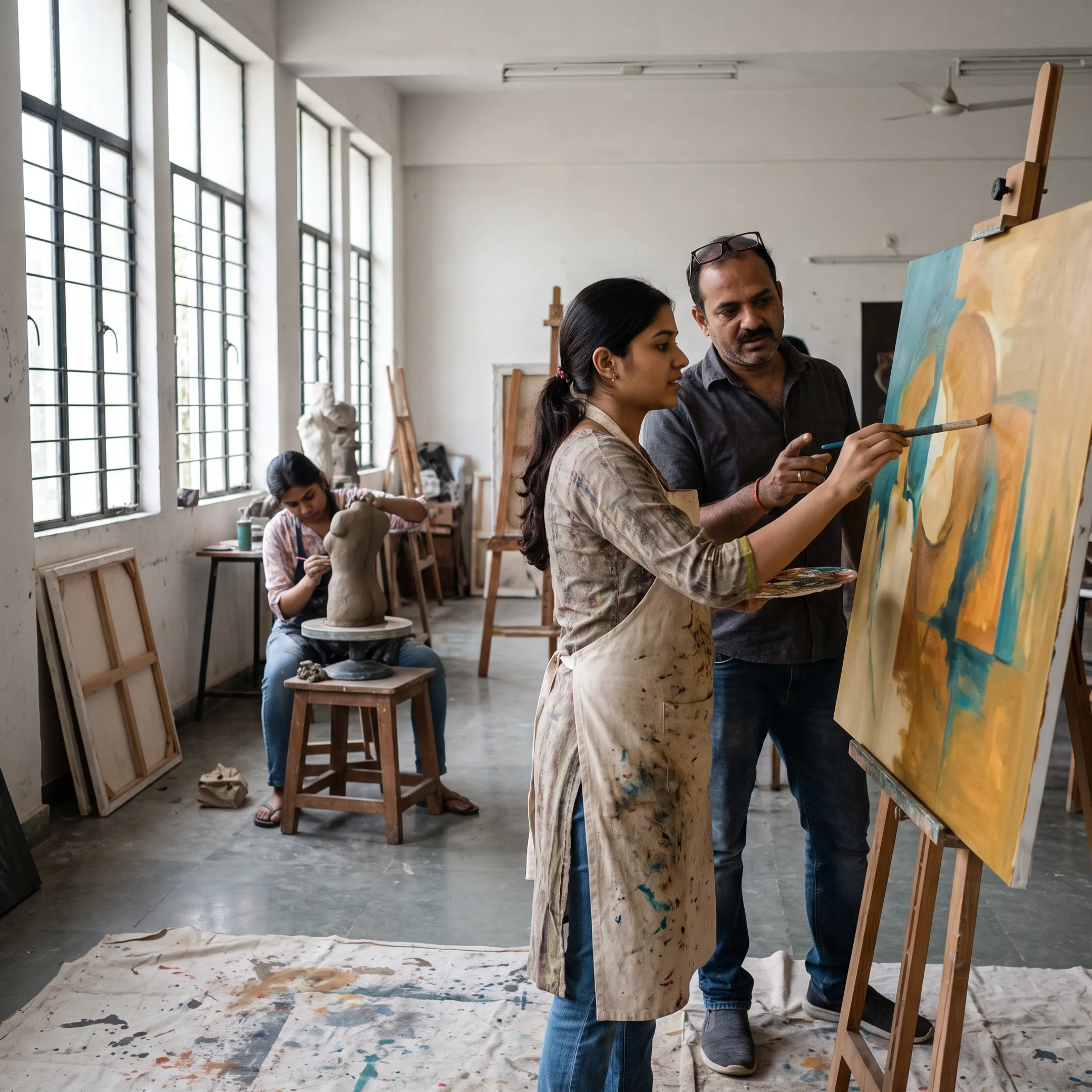 BFA students practising painting and sculpture in an art college studio