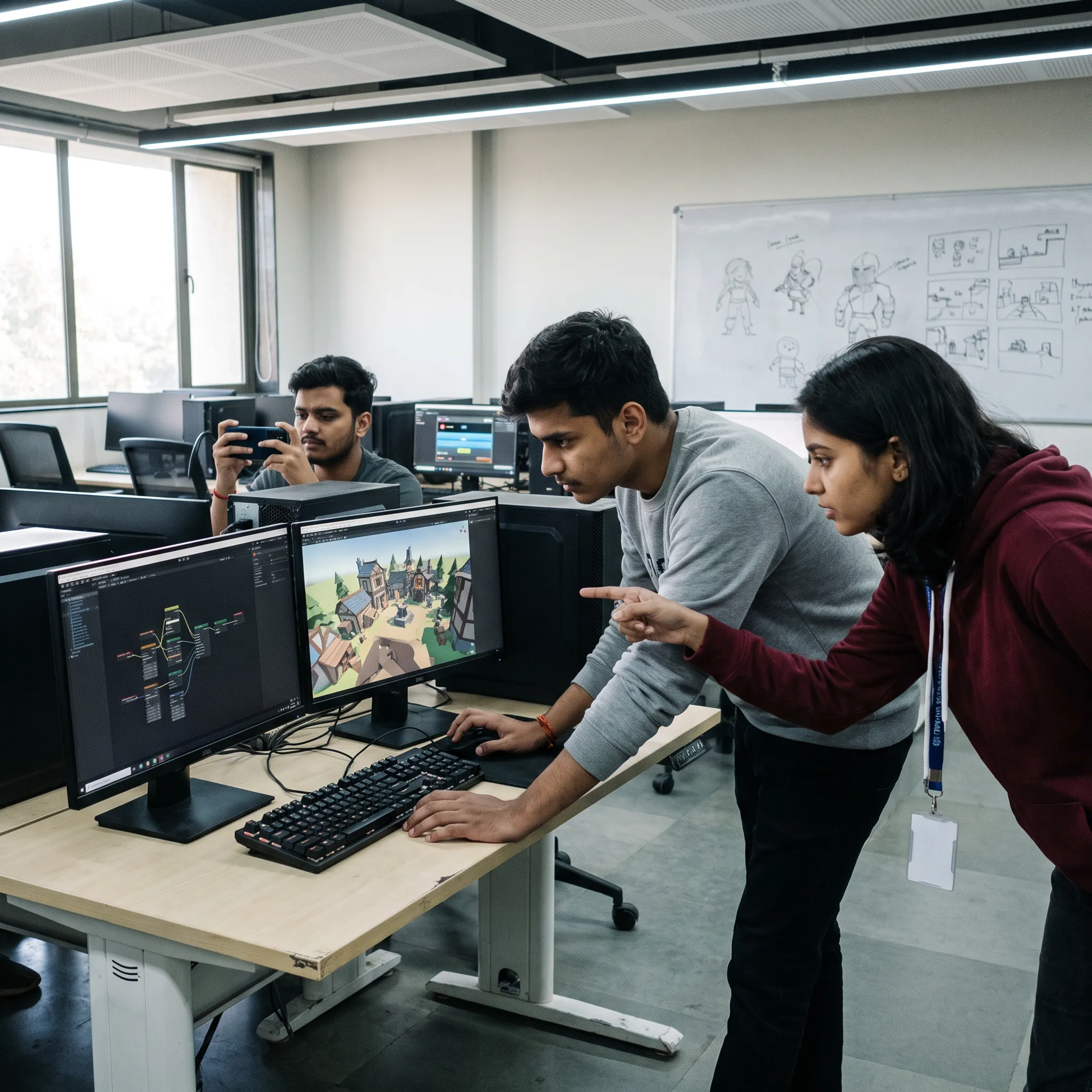 Students developing an Android game in a game design studio