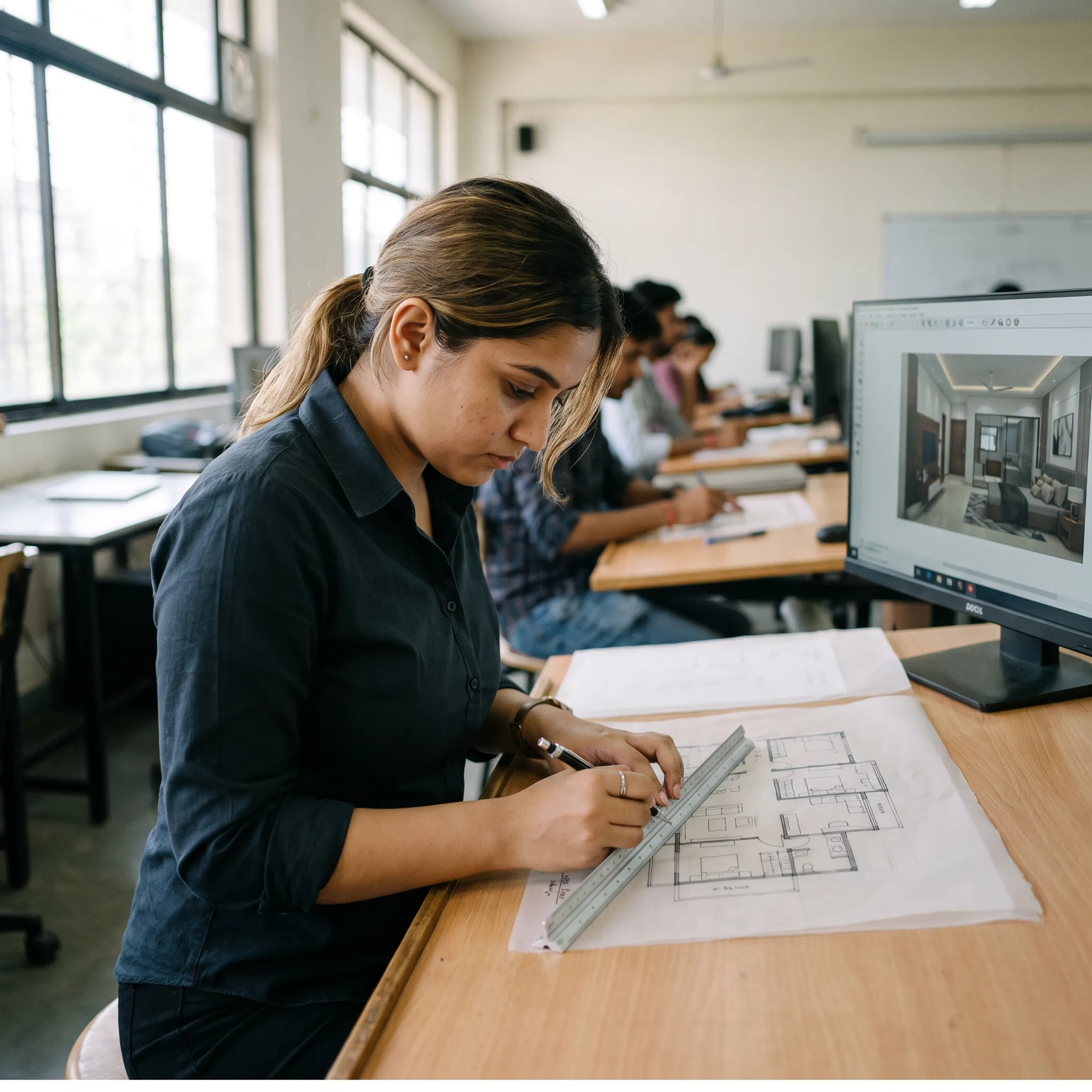 Interior design student creating a detailed floor plan beside a computer model