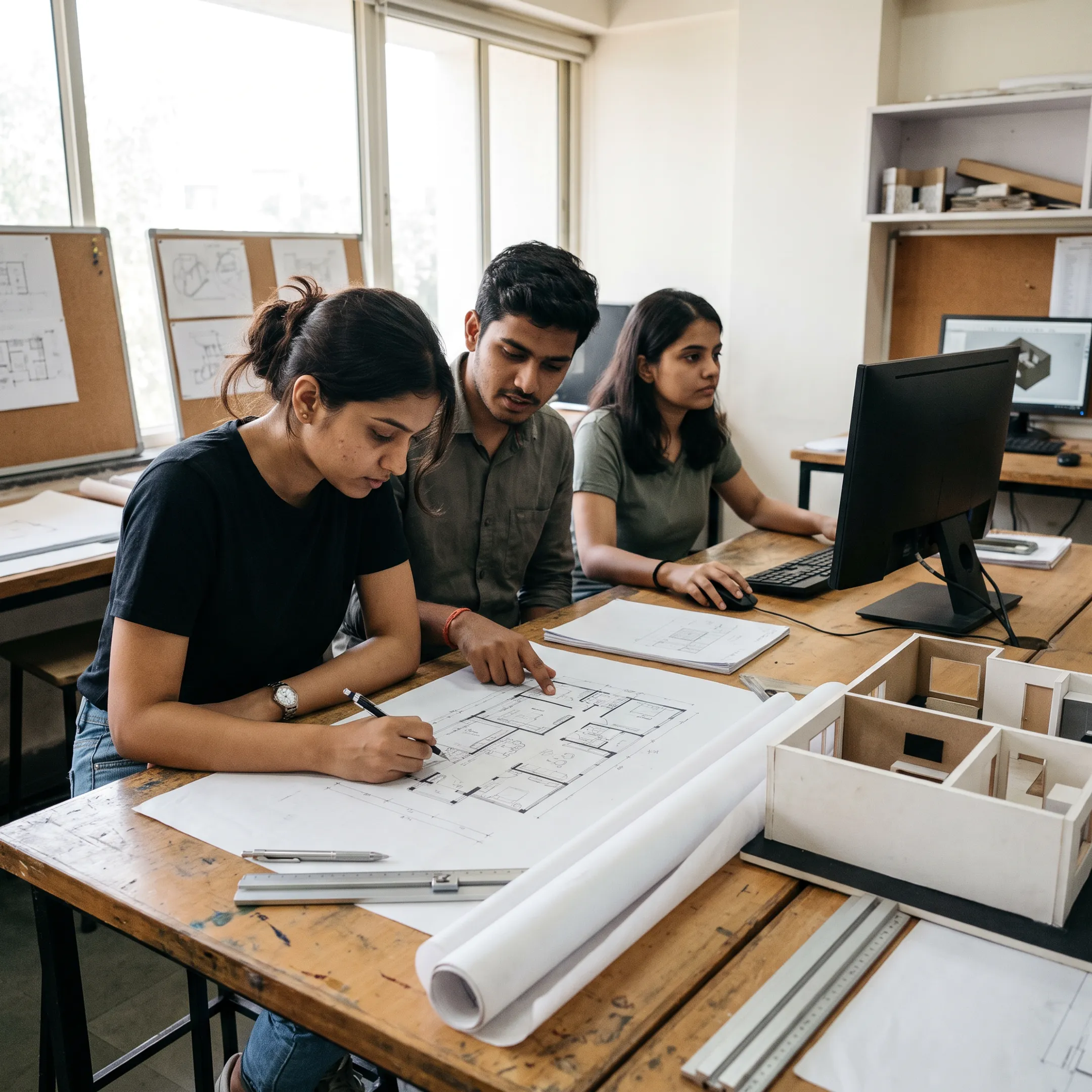 Interior design students working on drawings and computer models in an Indore design studio