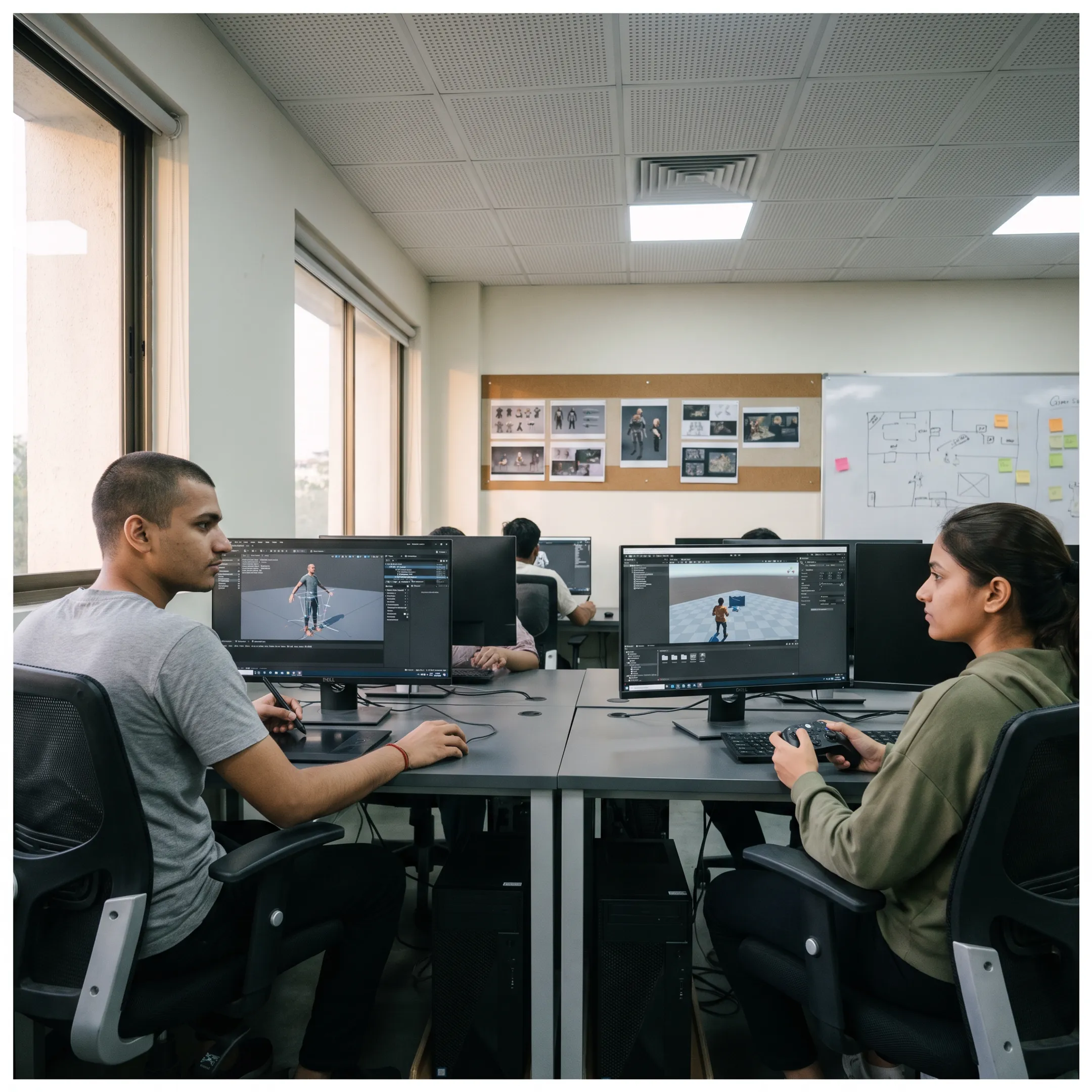 Students developing a 3D game project in a college game design studio