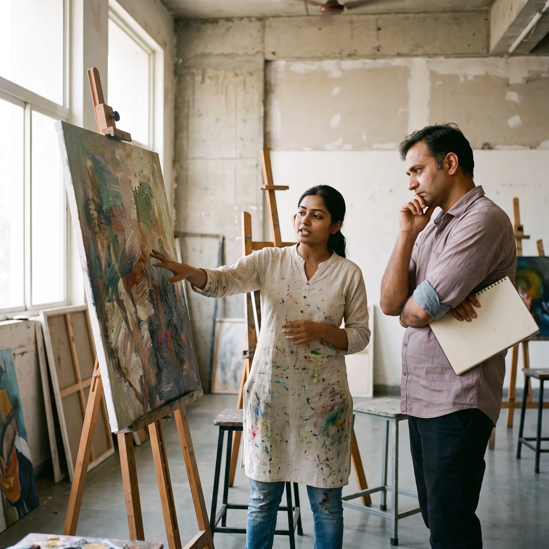 Fine arts student presenting a painting in a college studio