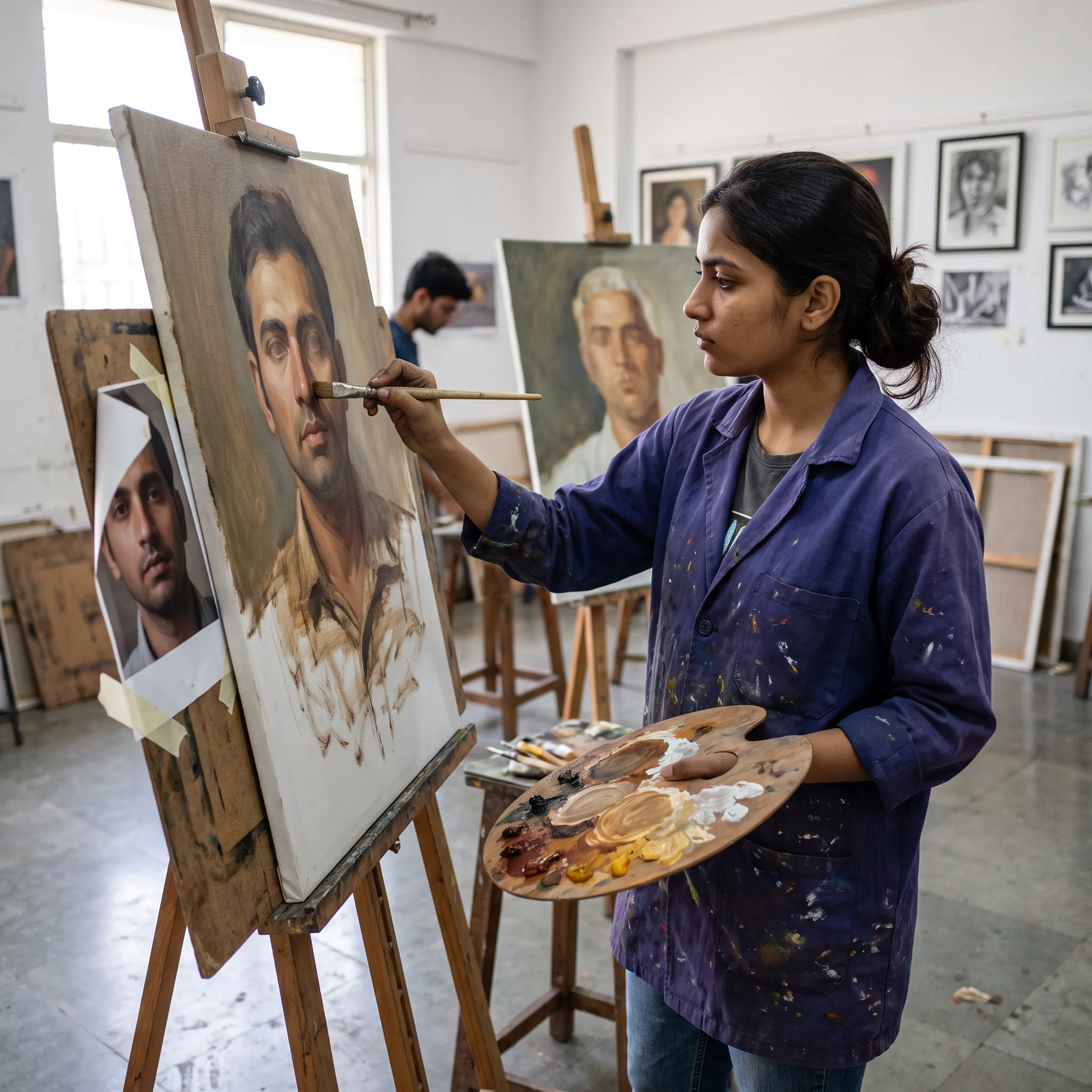 BFA painting student creating a portrait on canvas
