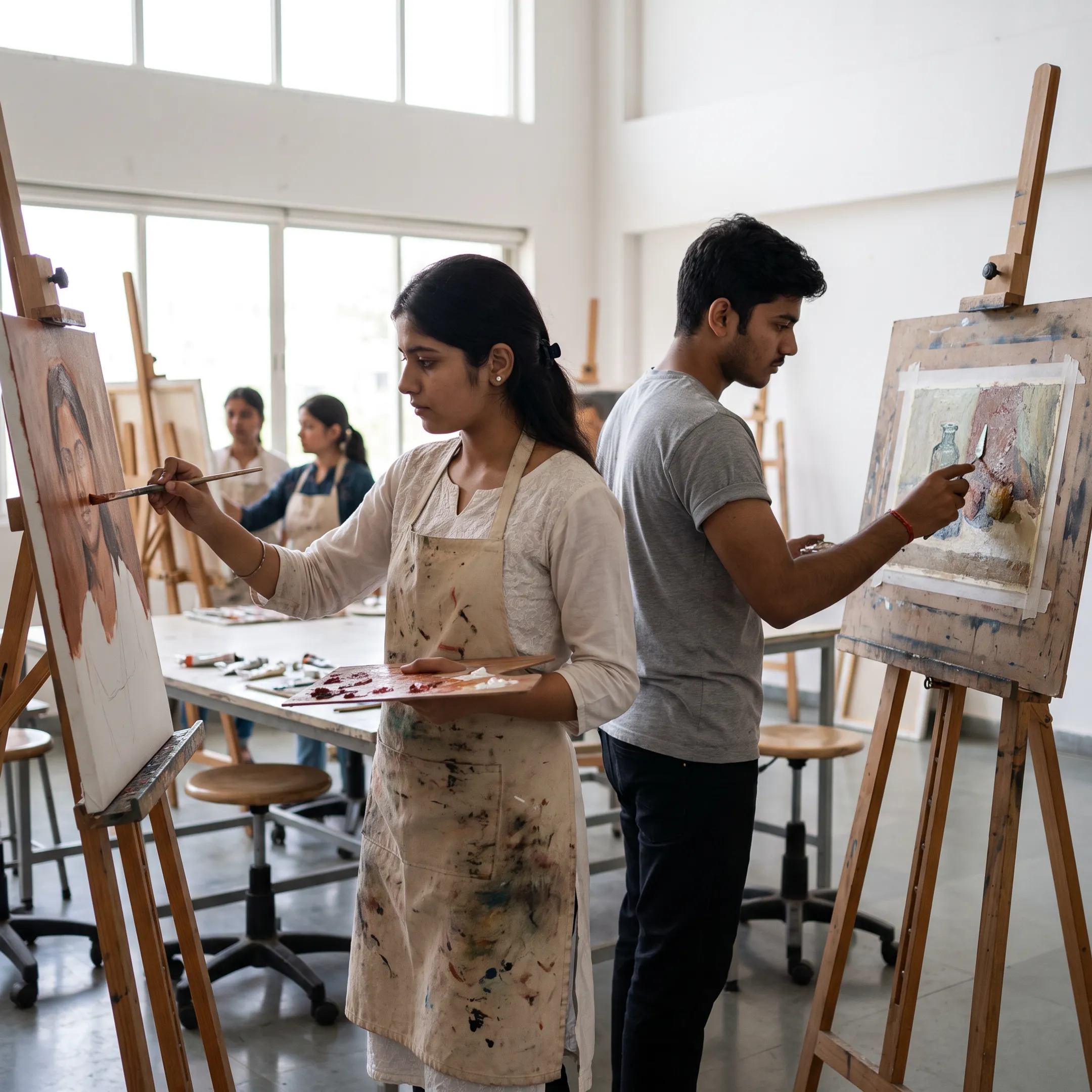 Painting students working on artwork in an art college studio