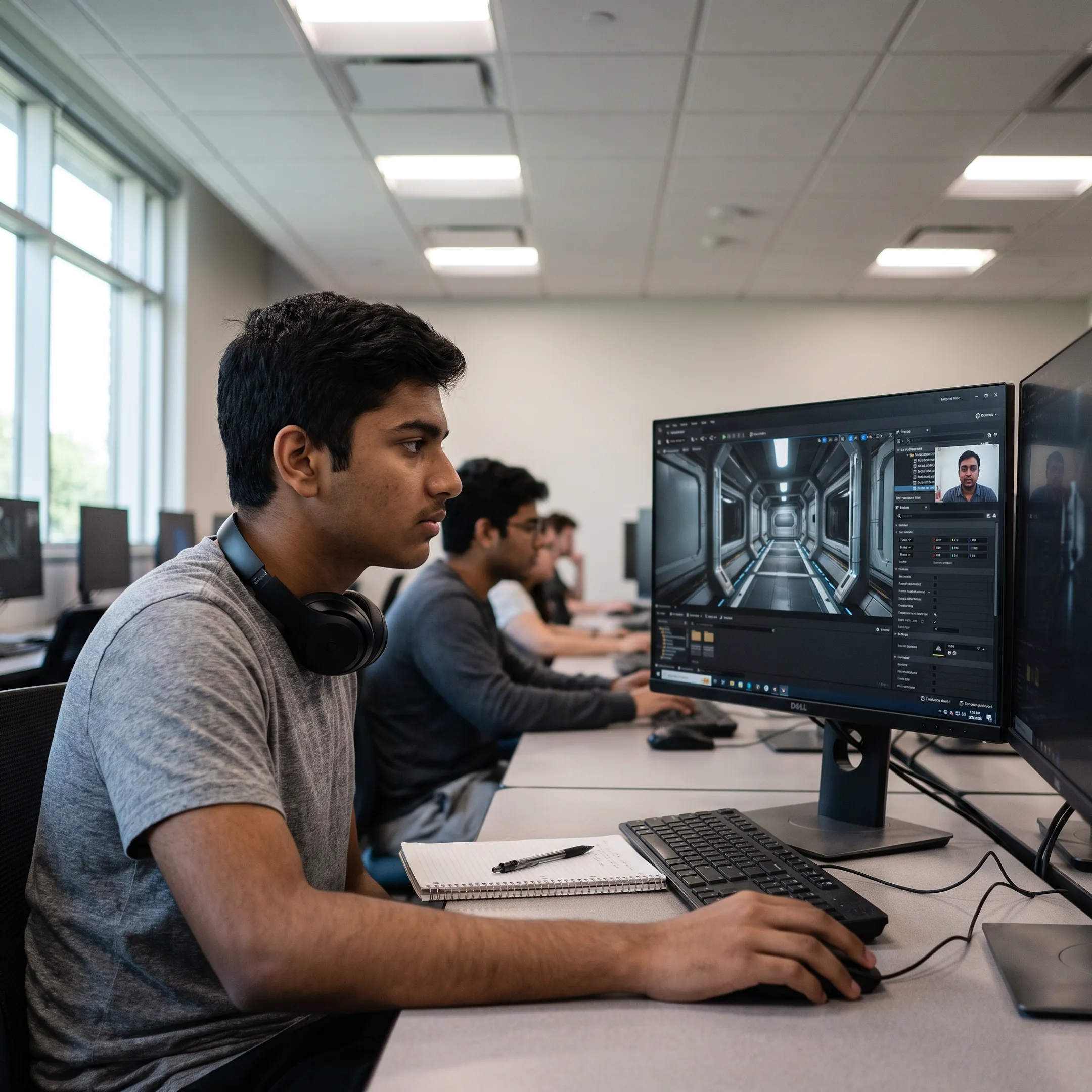Student learning Unreal Engine 5 during a live online class
