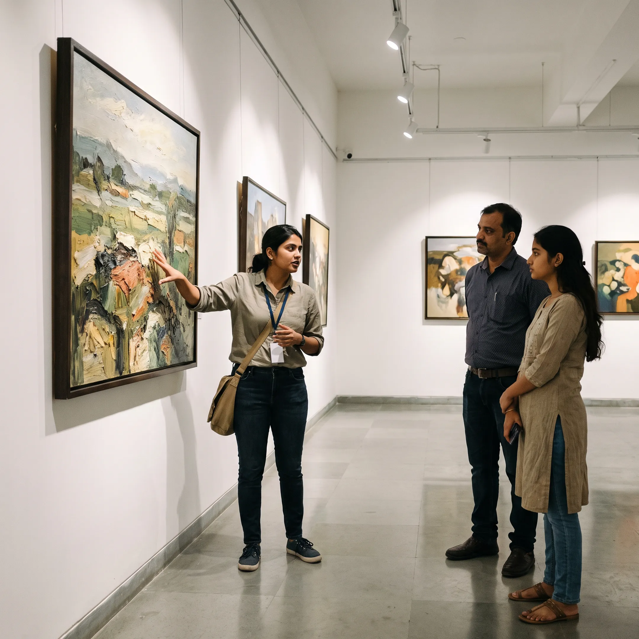 MFA art student presenting a painting in an Indore exhibition space