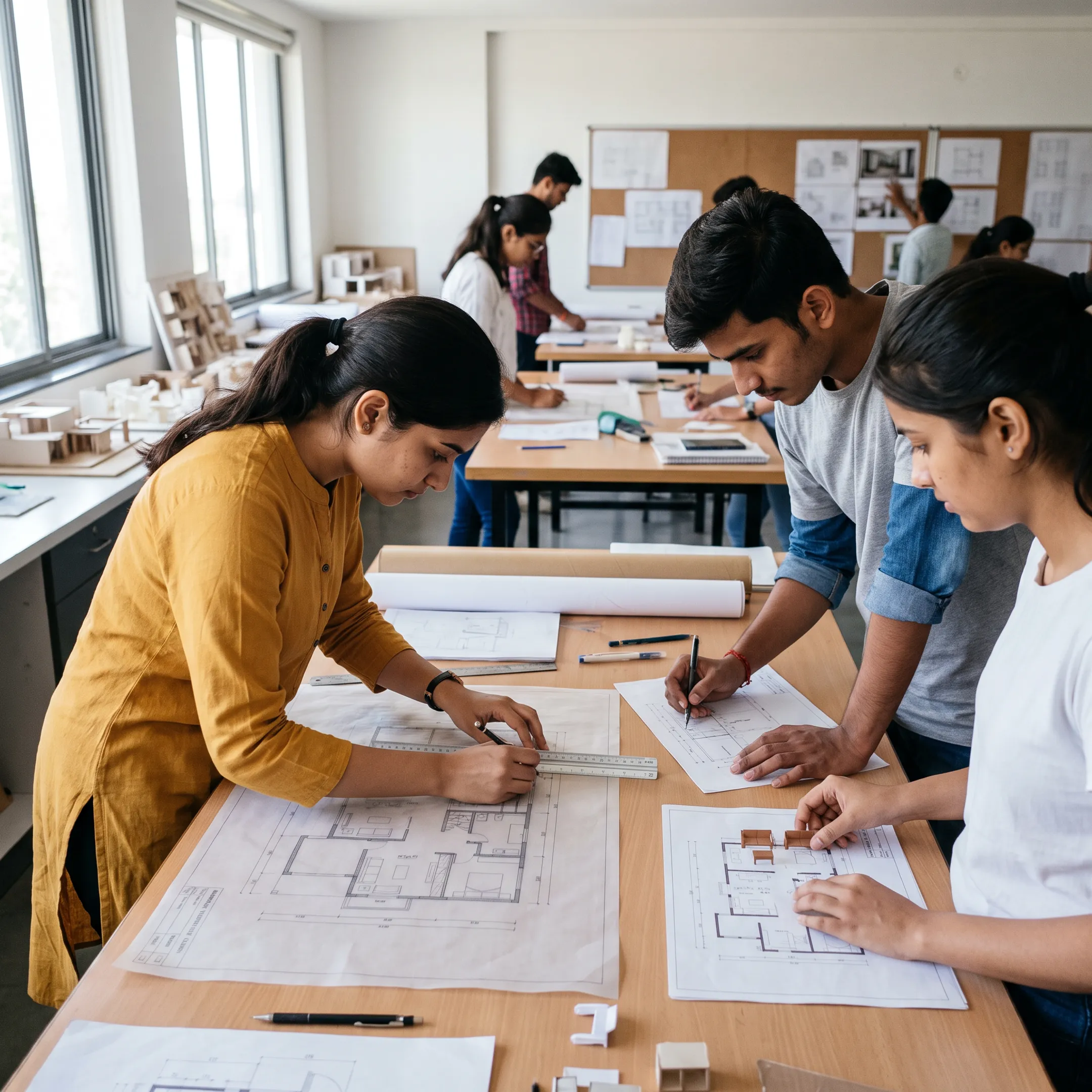 Interior design students developing residential space concepts in a modern studio