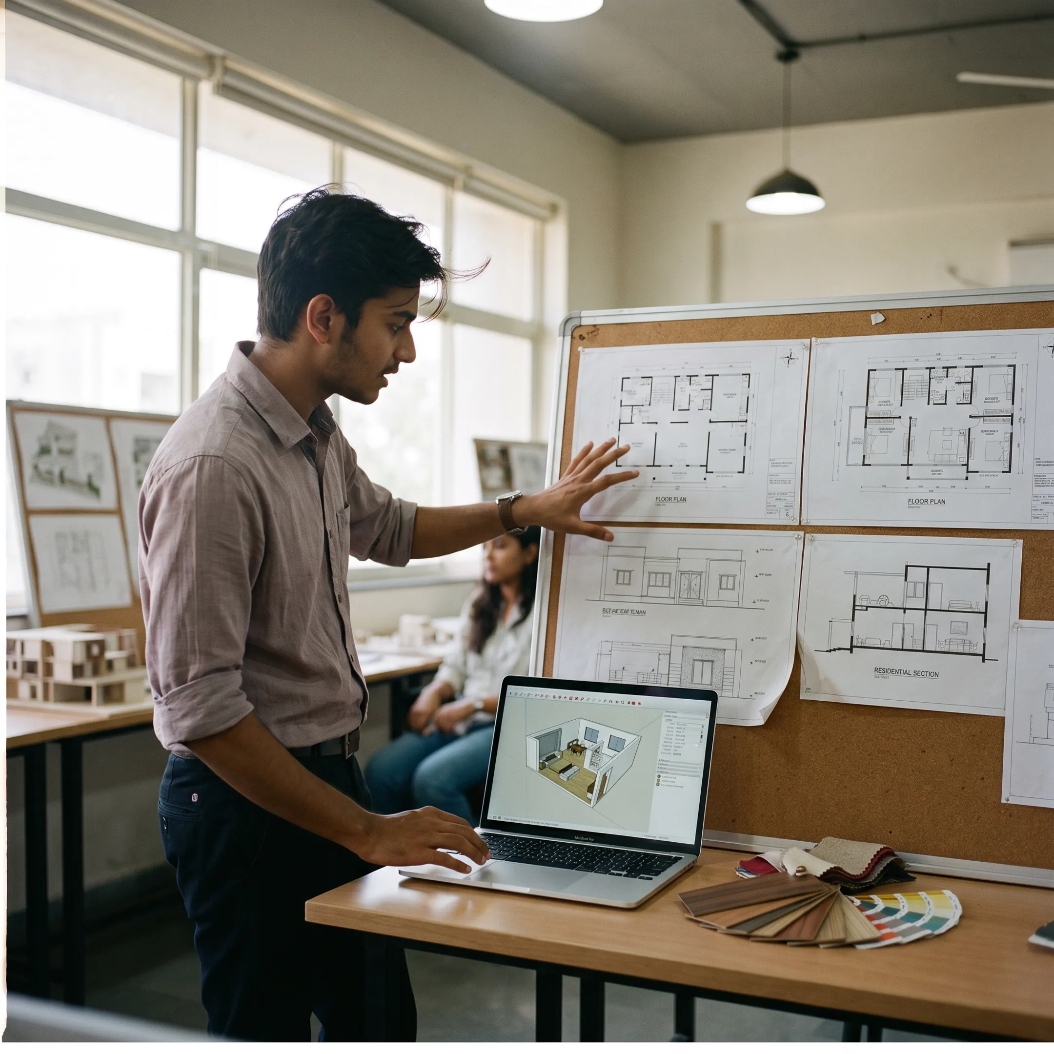 Interior design student presenting a detailed room concept and technical drawing