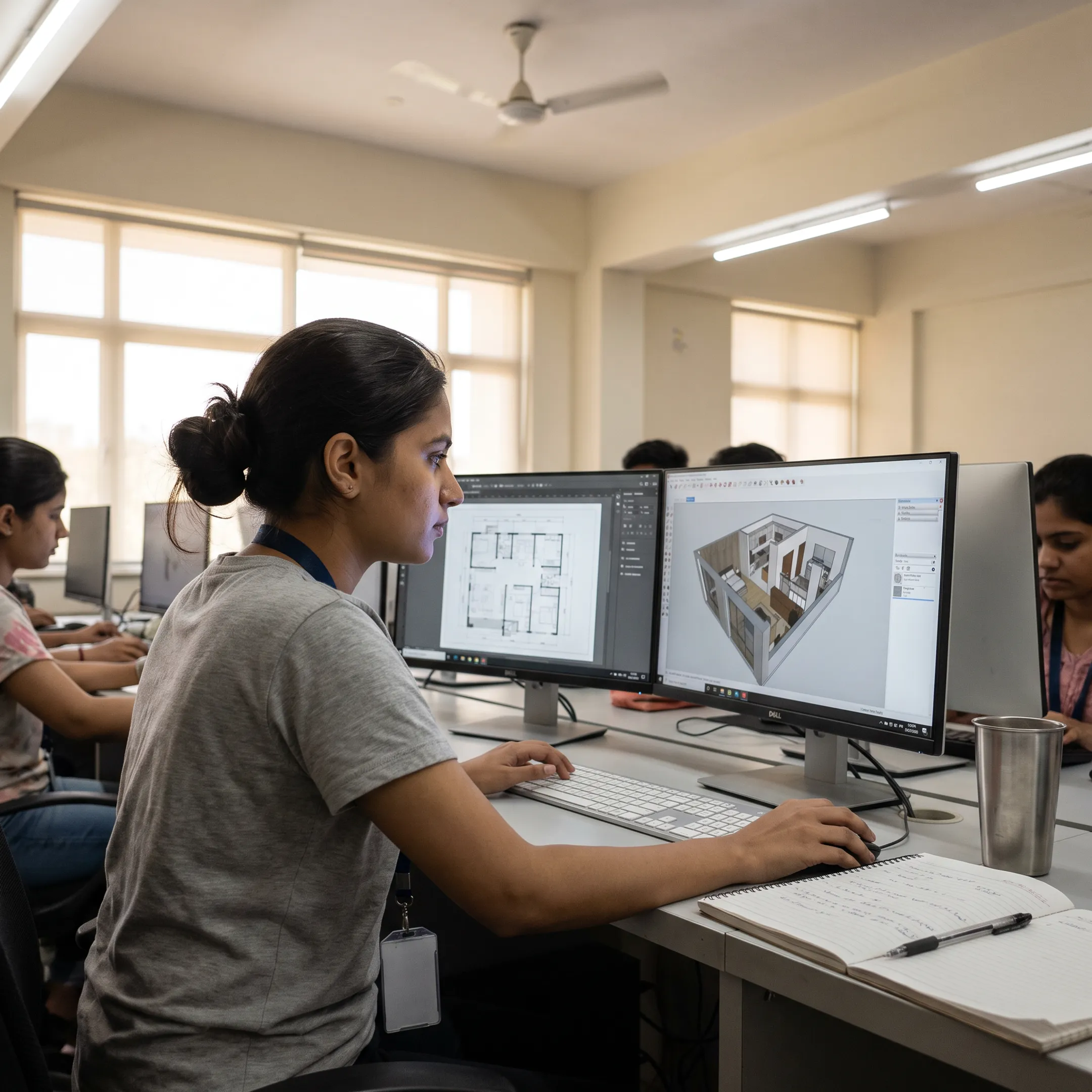 Interior design student creating a digital space plan on a computer