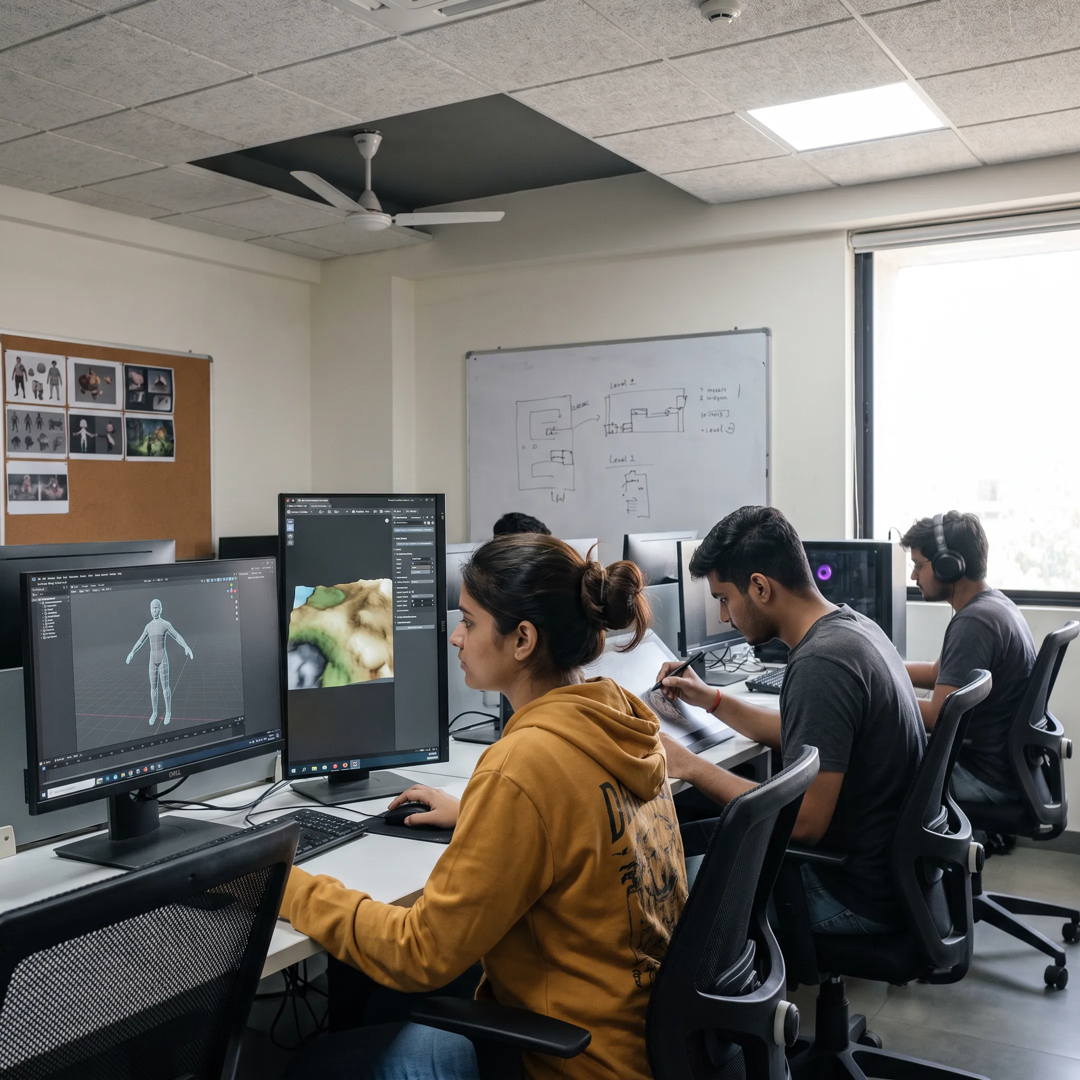 Students developing a 3D game in a digital design studio