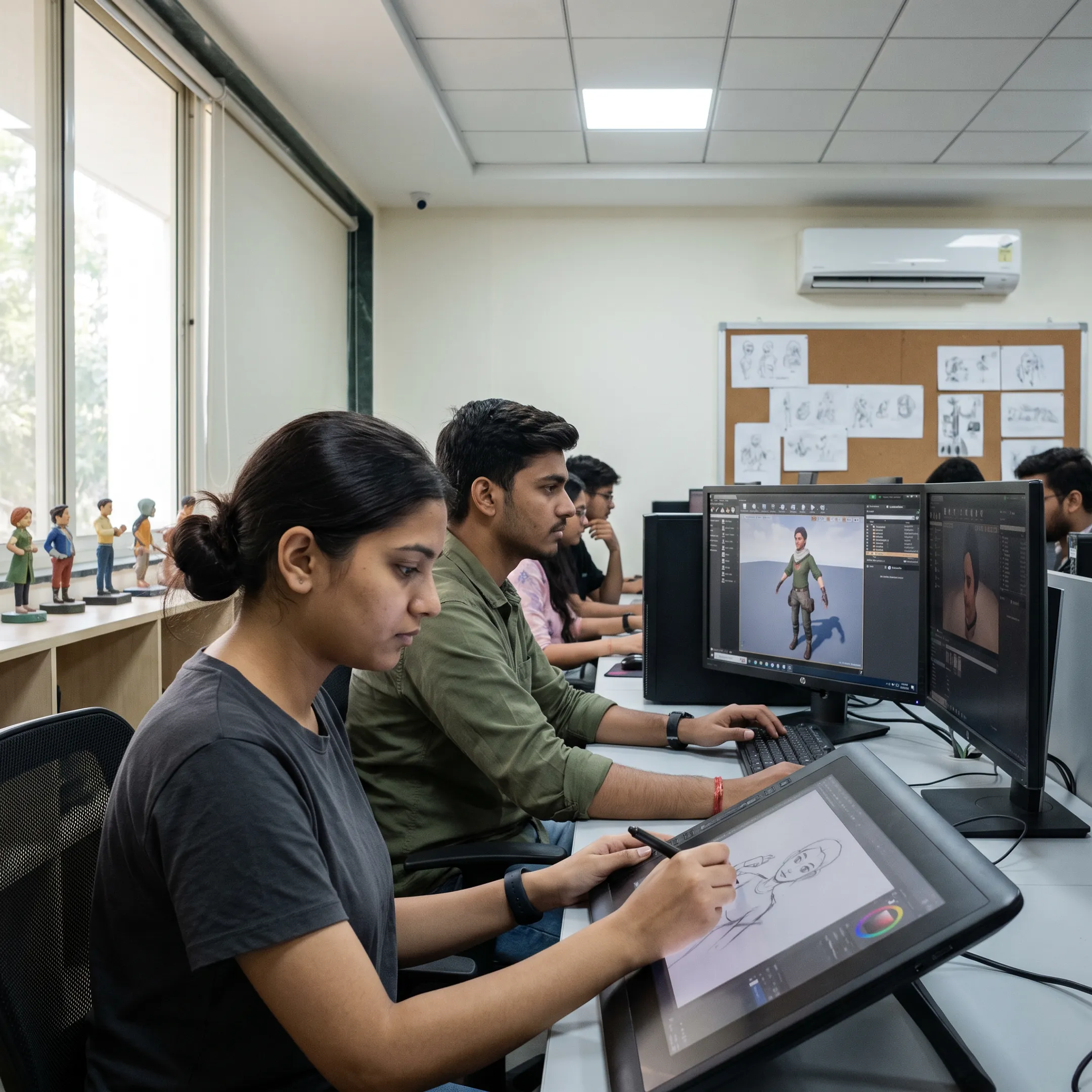 Students developing a game and animation project in a creative college studio