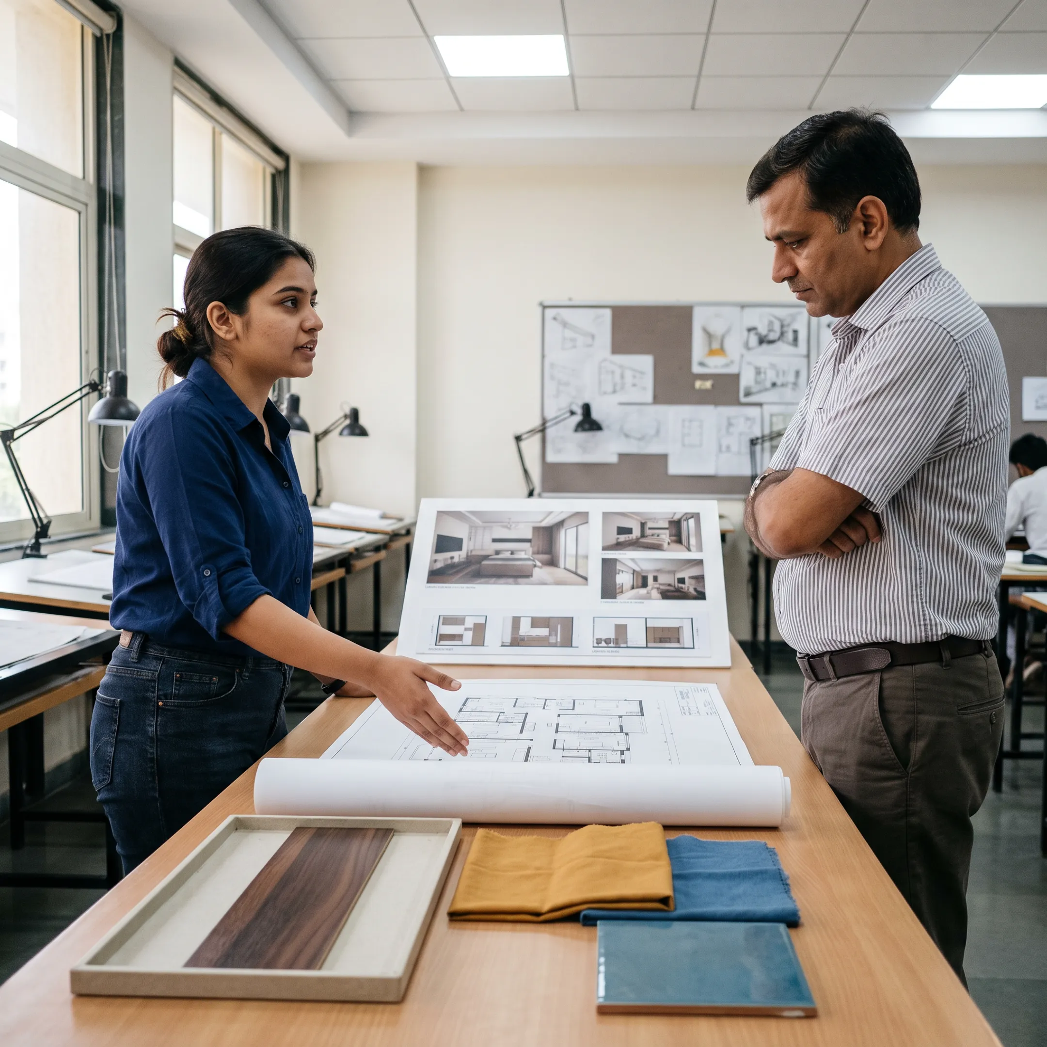 Interior design student presenting a detailed spatial concept