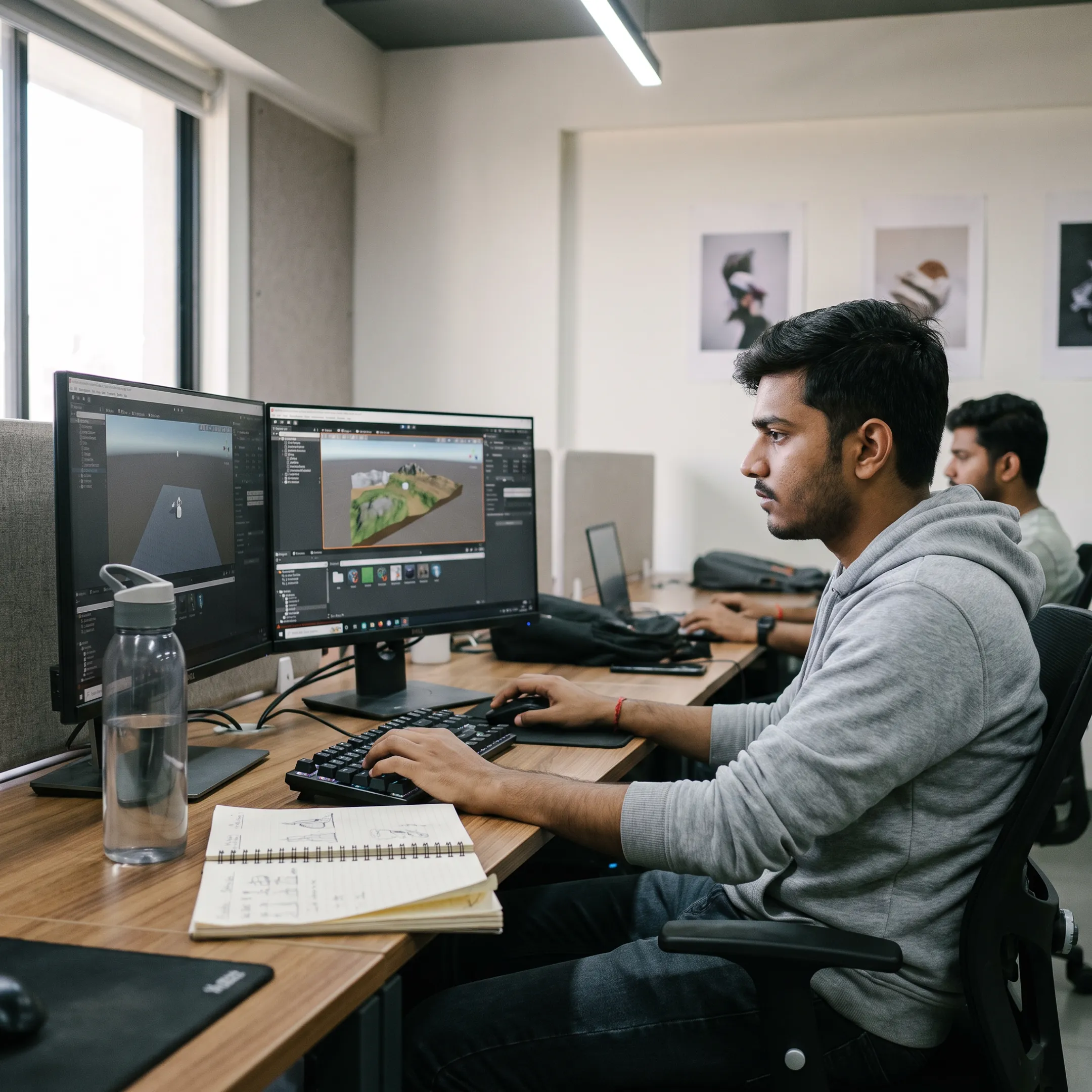 Student developing a 3D game scene with Unreal Engine on a computer