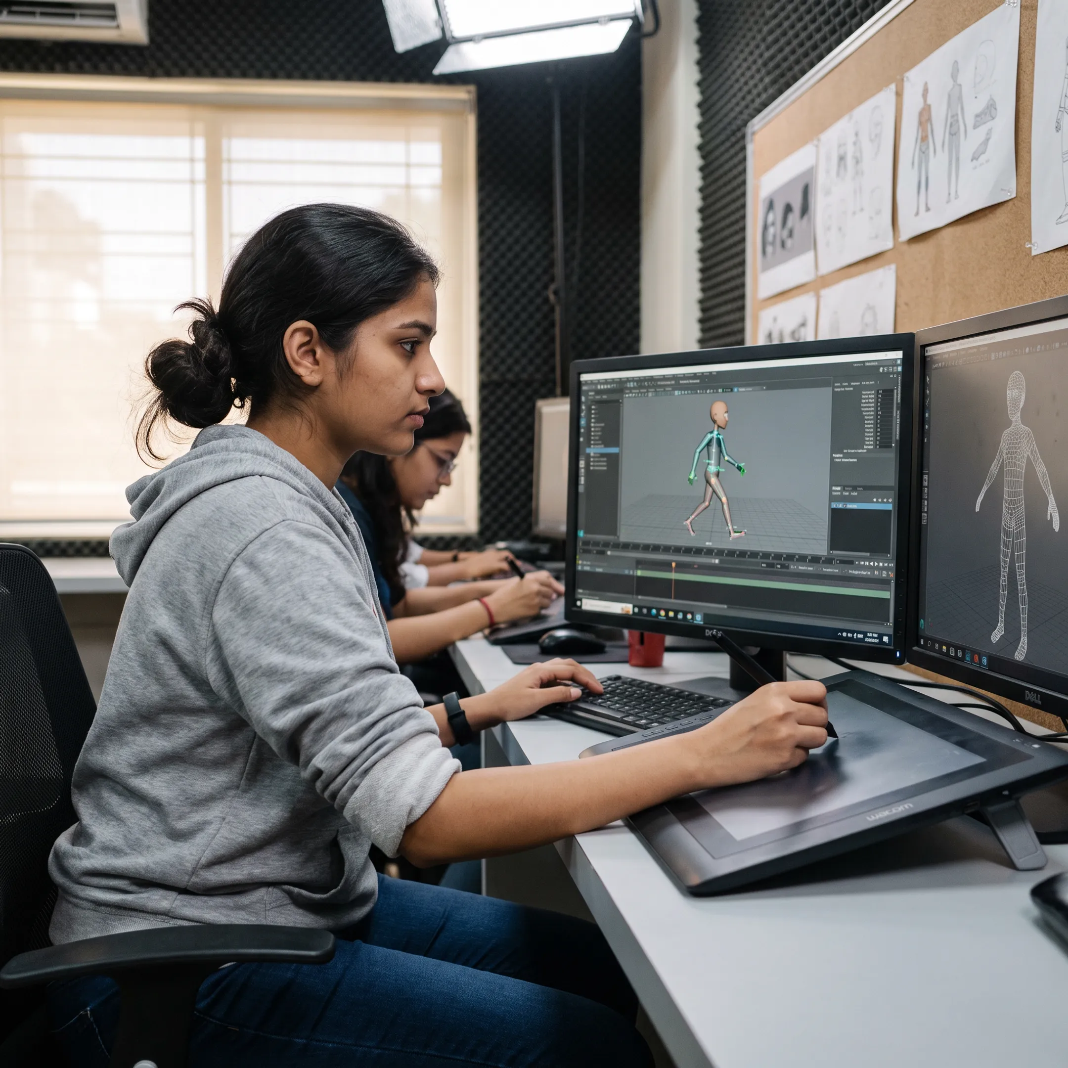 Student creating a digital animation and cinematic scene on a computer workstation