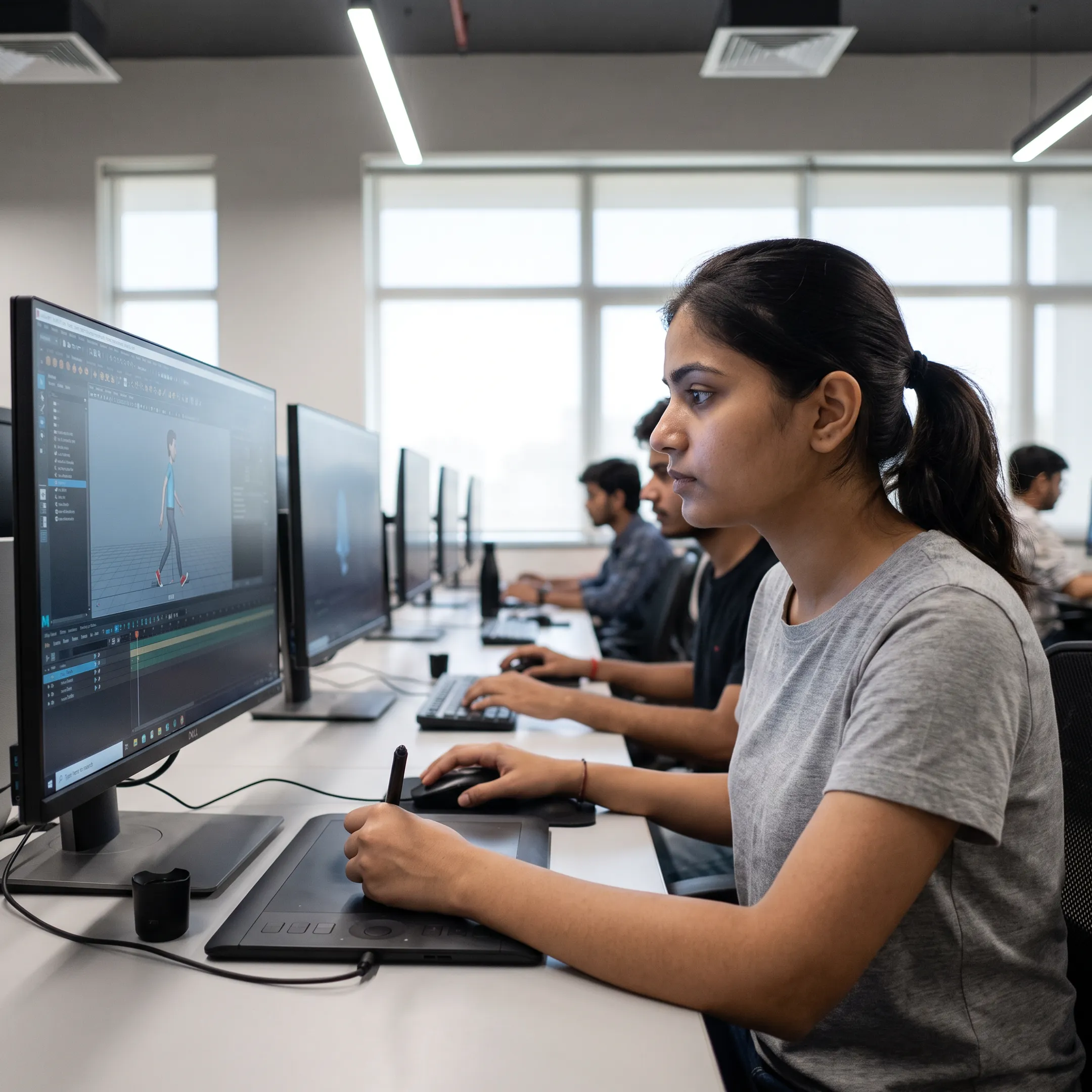 Animation student learning Unreal Engine cinematics with an instructor