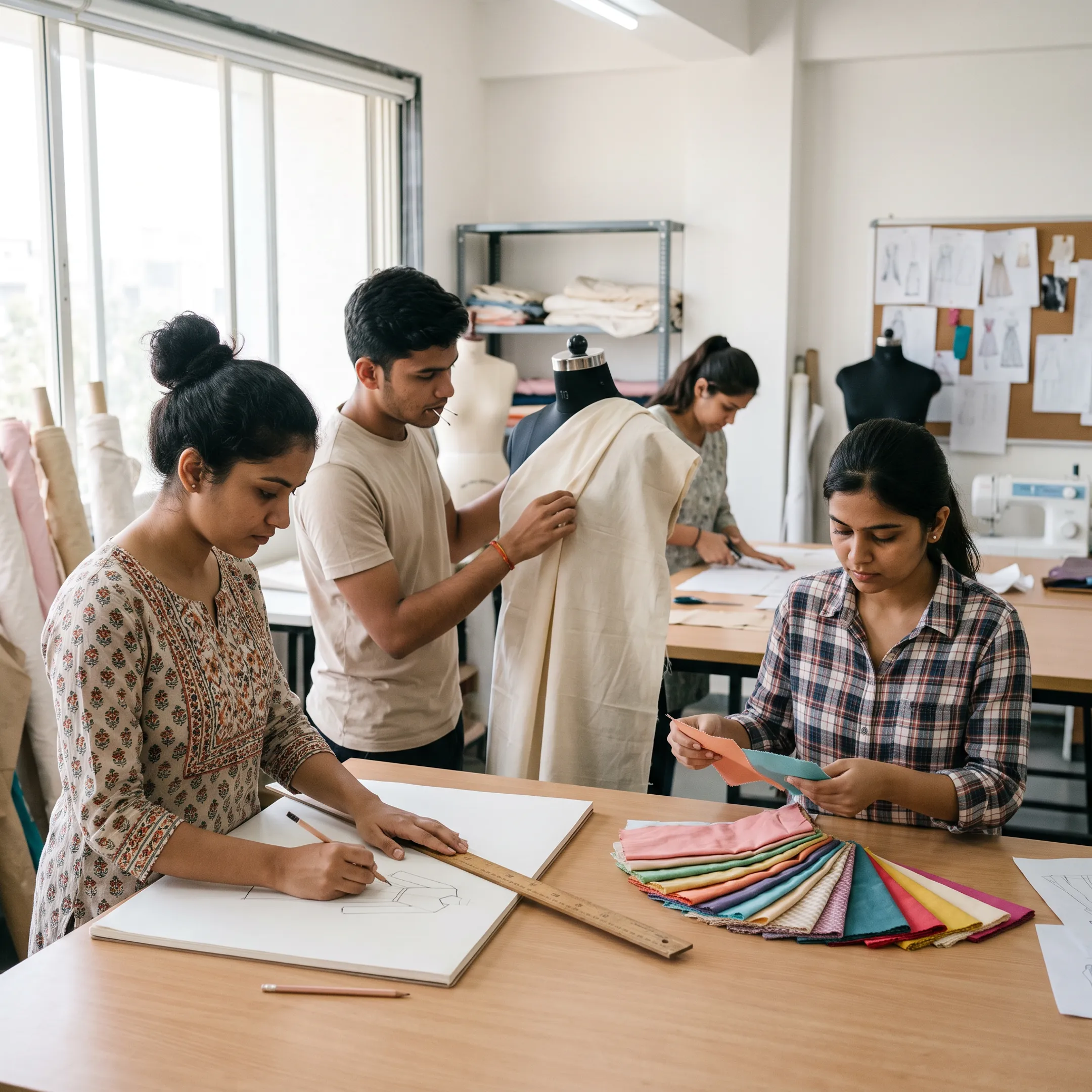 Fashion design students sketching garments and developing patterns in a studio