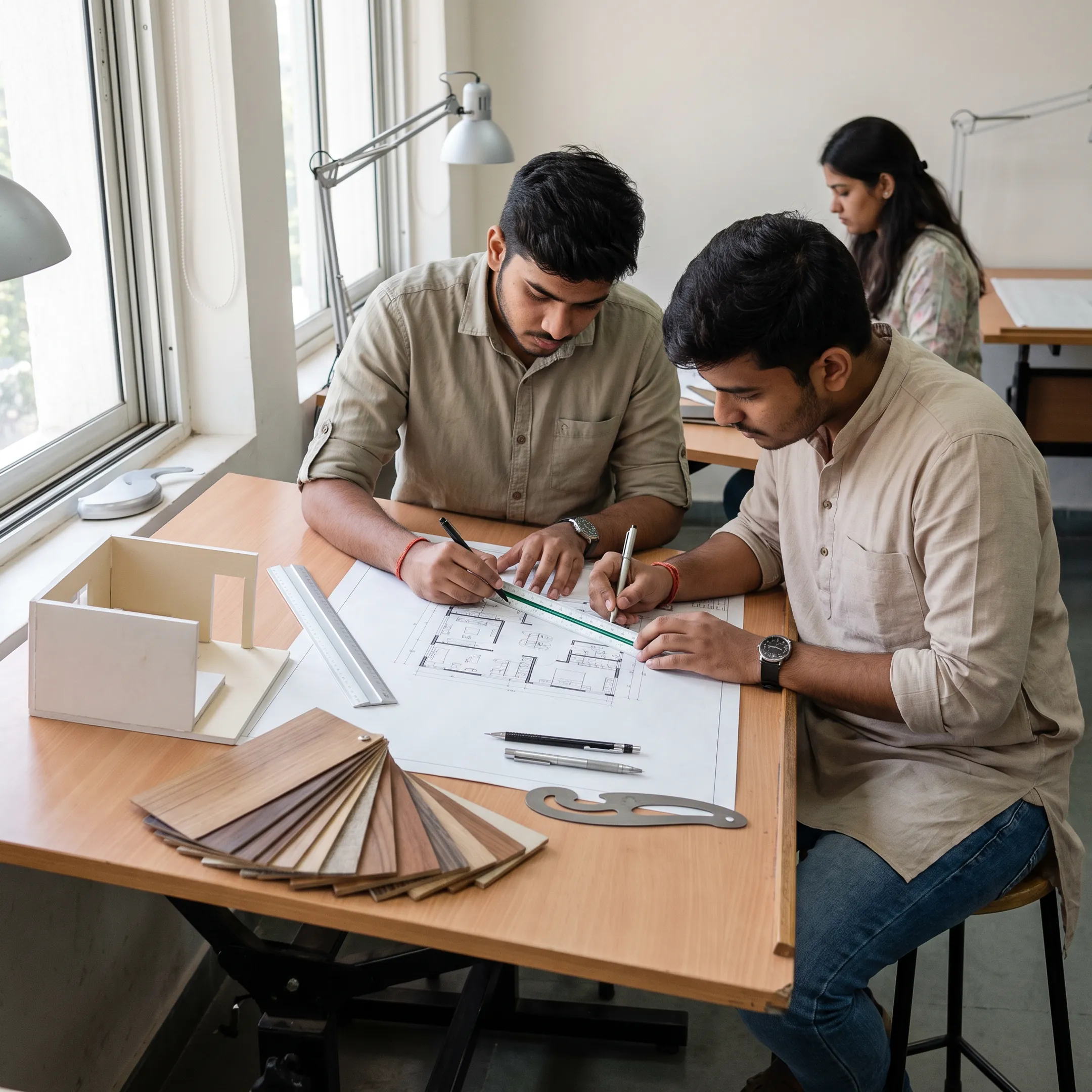 Interior design students developing spatial concepts in a studio