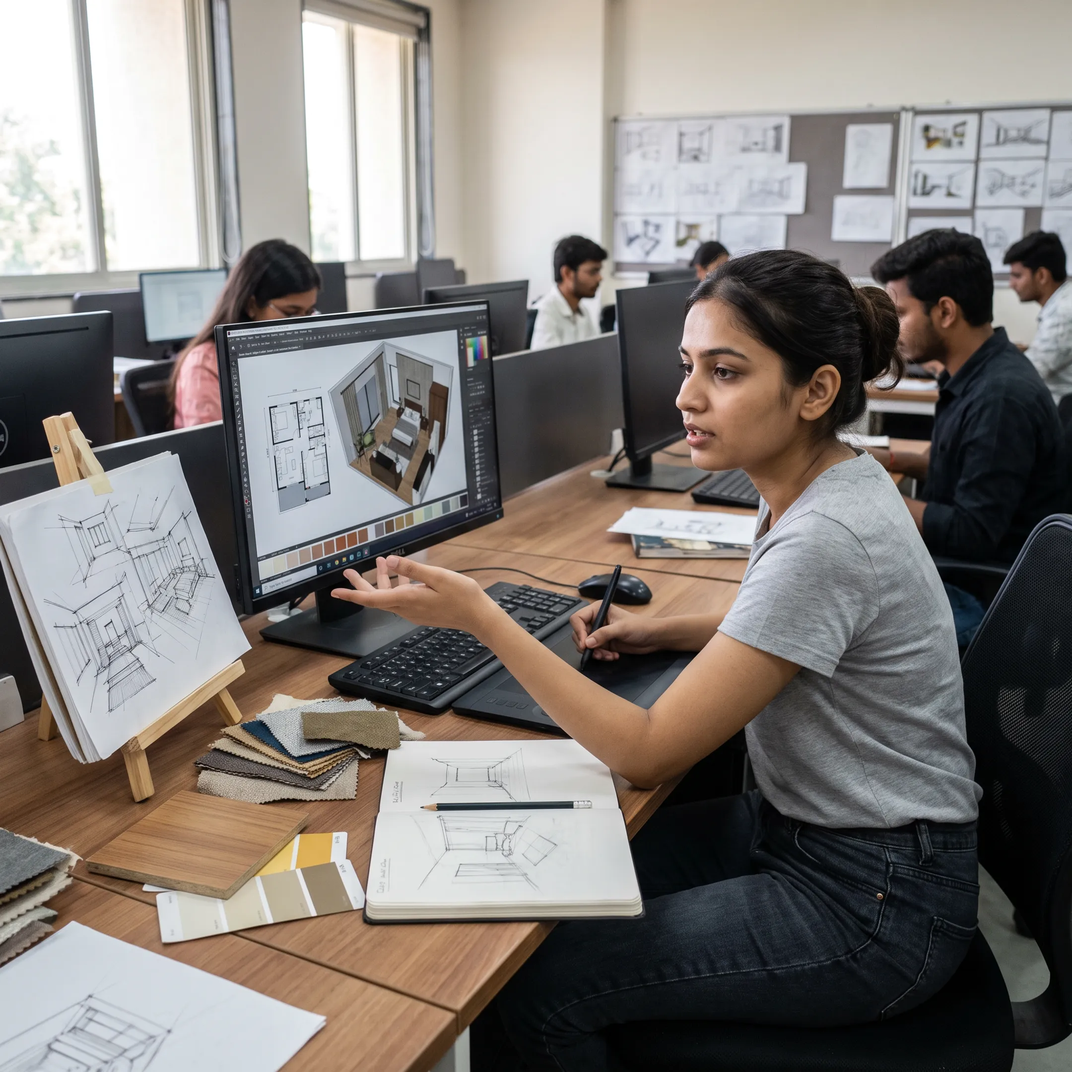 Interior design student creating a digital space model