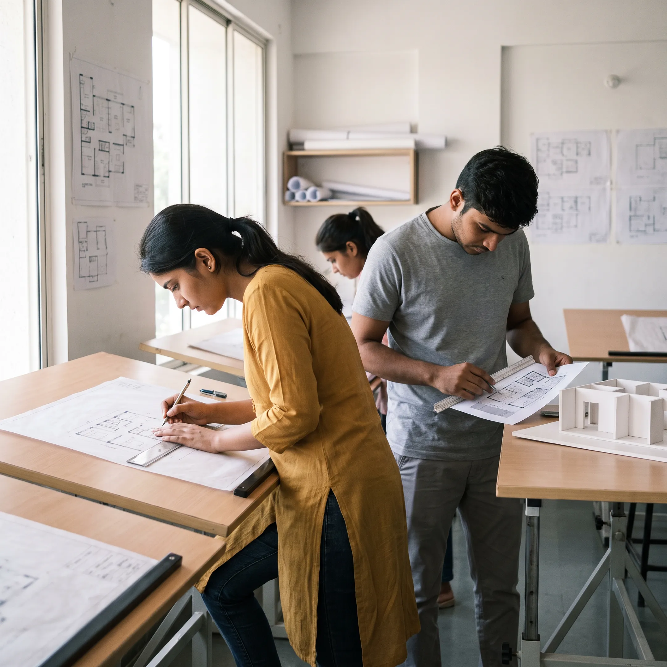 Interior design students developing drawings and spatial concepts in a design studio