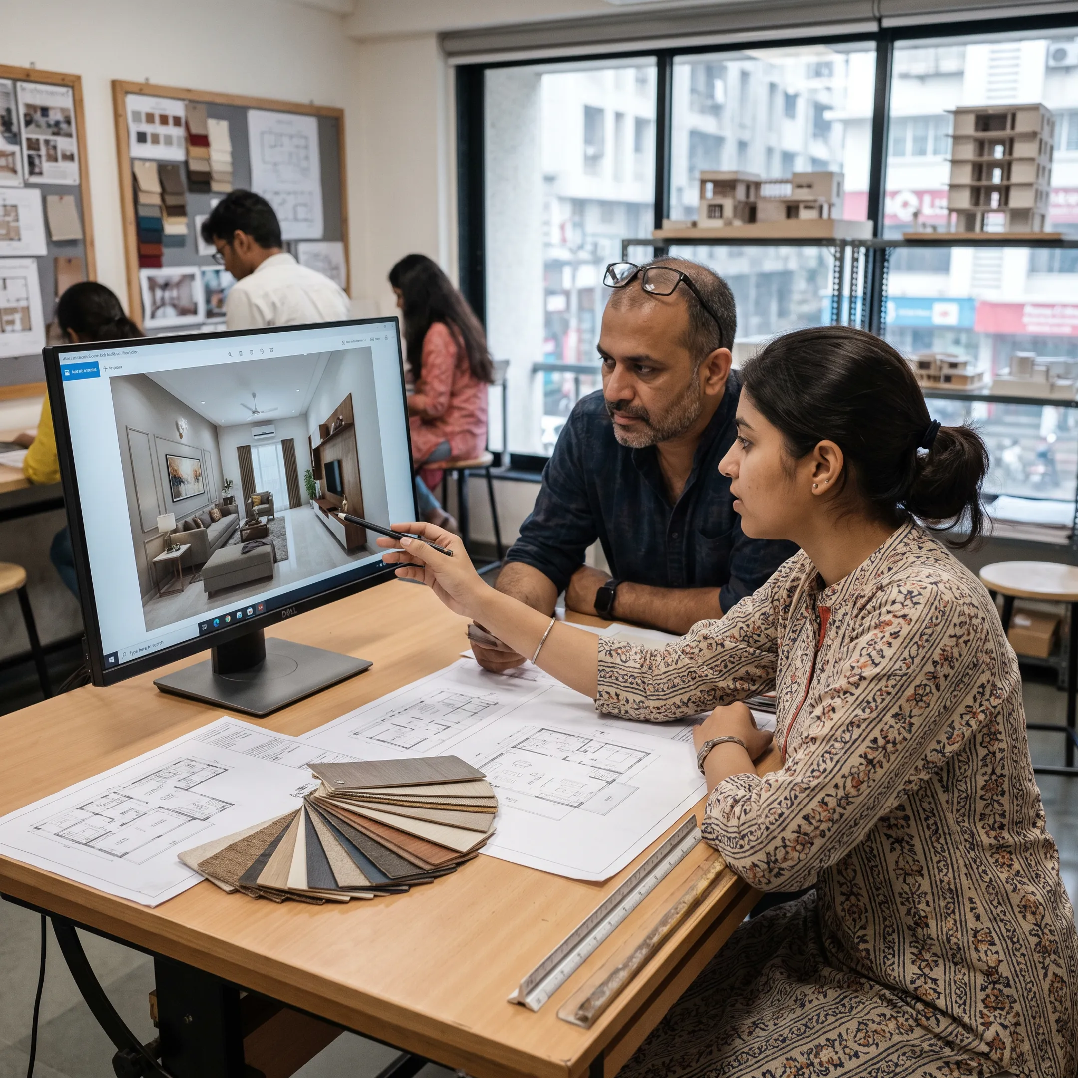 Interior design student reviewing a digital 3D model with a faculty mentor