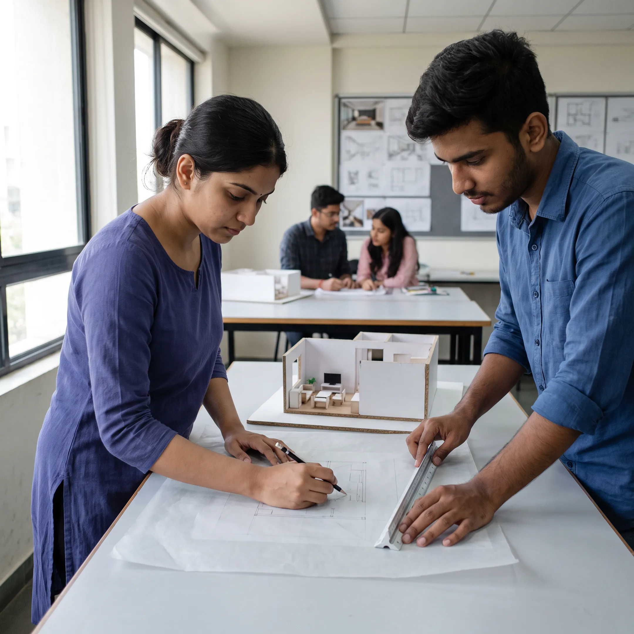 Interior design students developing a studio project on campus