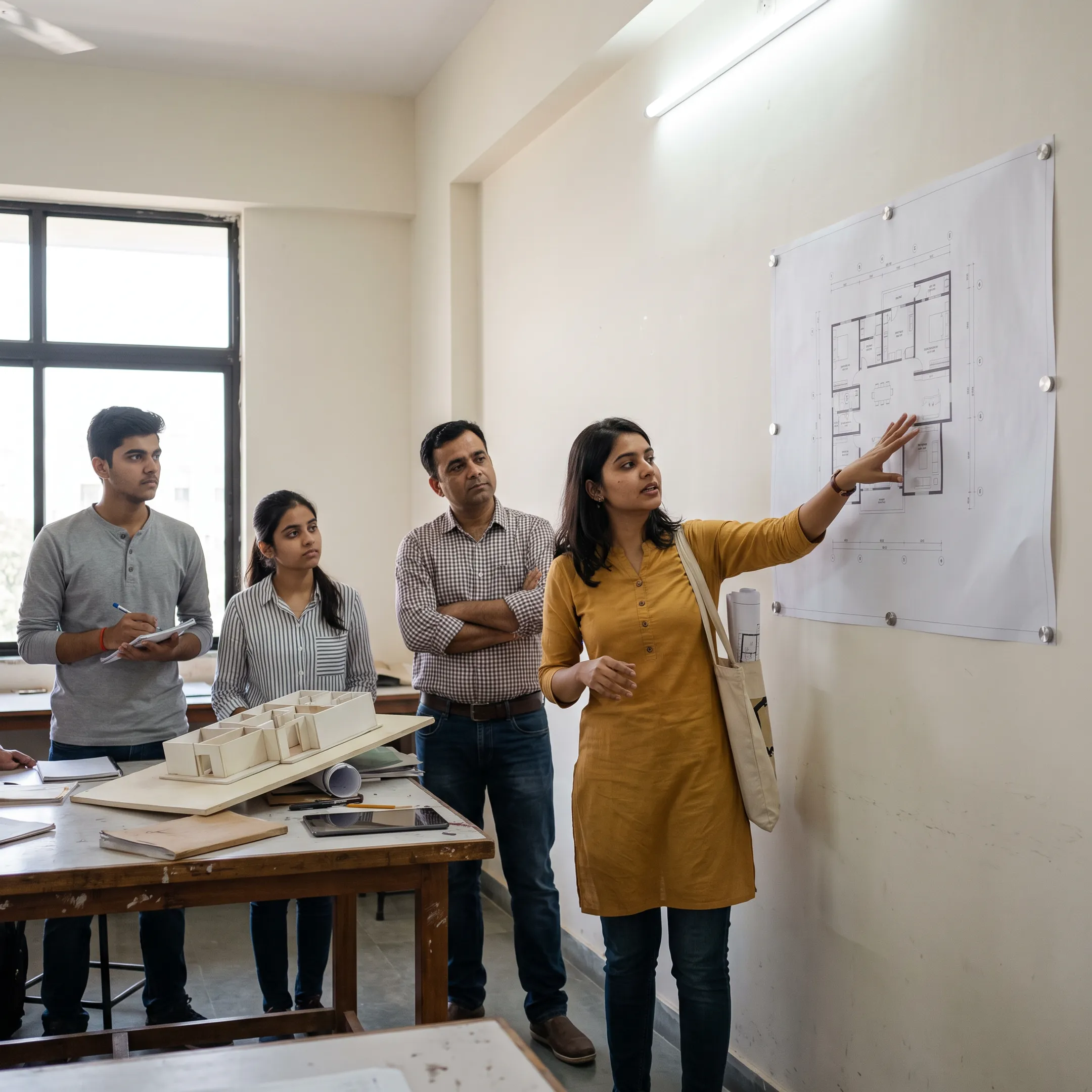 Interior design student presenting a detailed floor plan